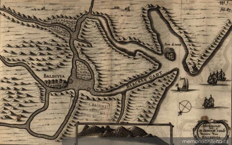 Mapa de Valdivia, incluido en la relación de la expedición de Brouwer, que muestra a la expedición holandesa en esa ciudad, 1643