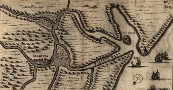 Mapa de Valdivia, incluido en la relación de la expedición de Brouwer, que muestra a la expedición holandesa en esa ciudad, 1643