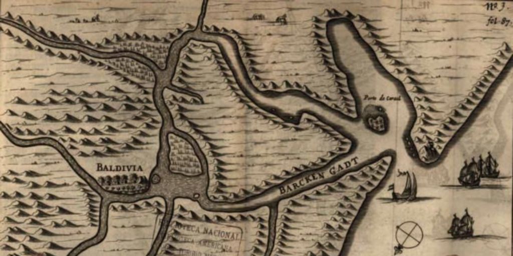 Mapa de Valdivia, incluido en la relación de la expedición de Brouwer, que muestra a la expedición holandesa en esa ciudad, 1643