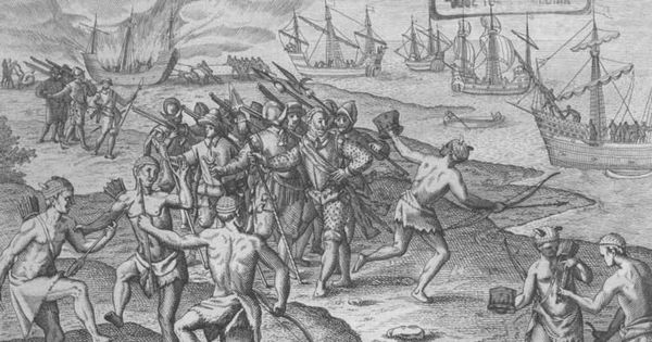 Francis Drake desembarcando en una costa de América meridional. Un nativo roba su sombrero