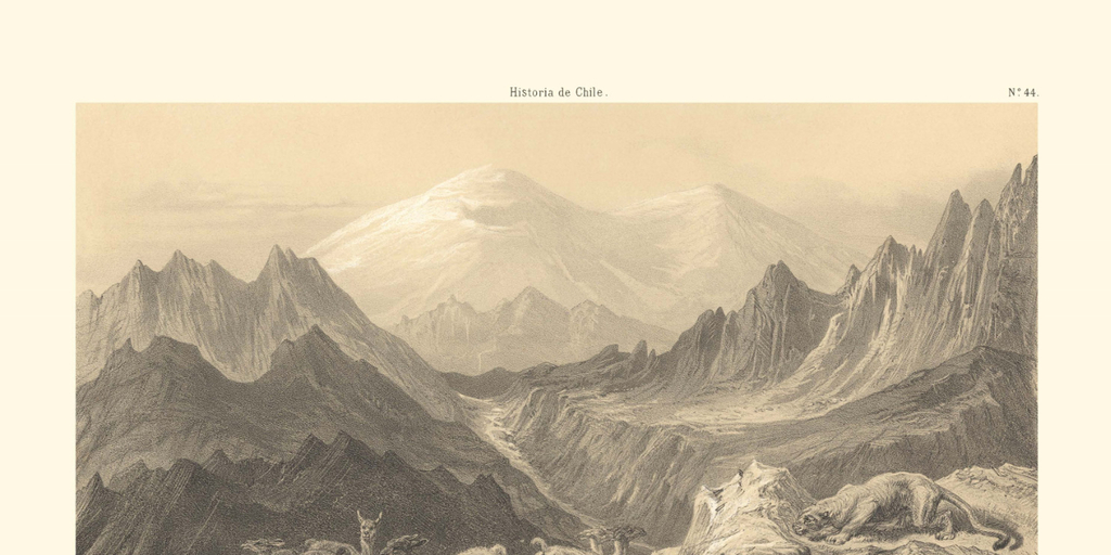 Vista del volcán de San Fernando. León cazando guanacos