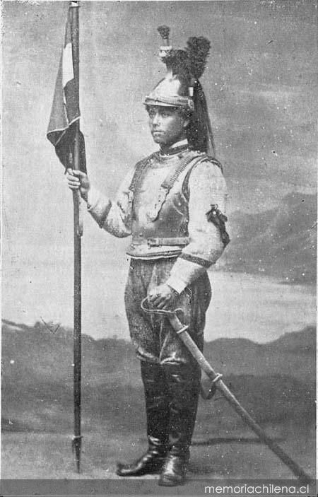 Soldado de caballería boliviano en 1879 del Escuadrón Húsares de Bolivia en uniforme de parada