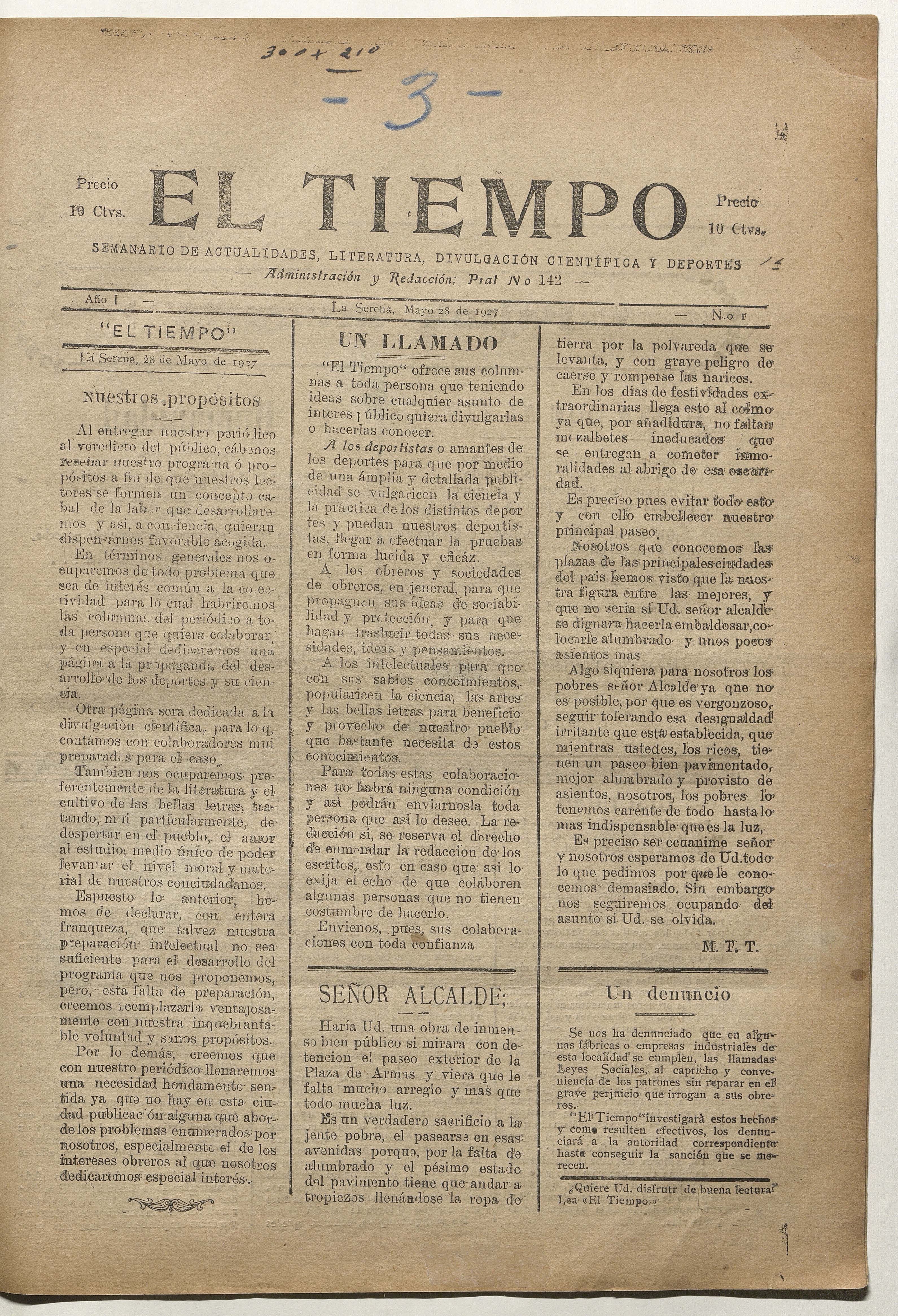 El Tiempo, número 1, 28 de mayo de 1927