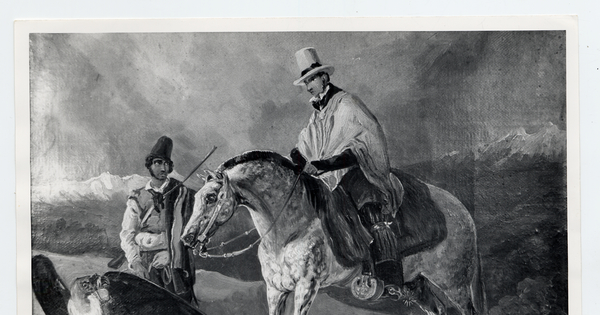 Hombre a caballo y otro a pie, juntos a un cóndor que está en el suelo, titulada "La Caza de un cóndor"