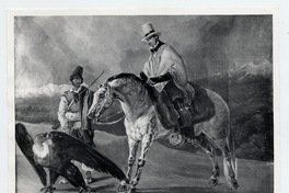 Hombre a caballo y otro a pie, juntos a un cóndor que está en el suelo, titulada "La Caza de un cóndor"