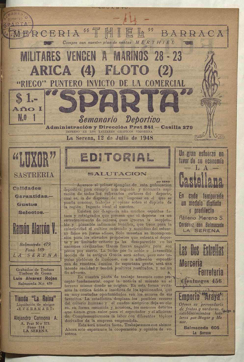 Sparta. Año I, número 1, 12 de julio de 1948 Sparta. Año I, número 1, 12 de julio de 1948