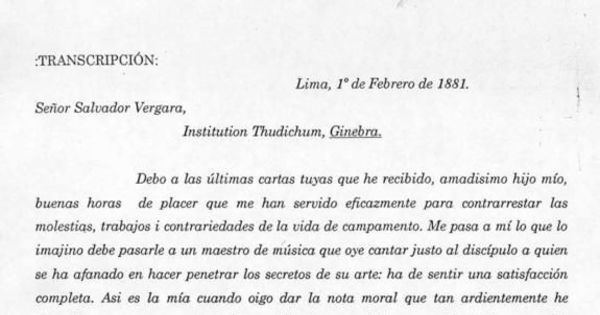 Carta, 1881 feb. 1, Lima a Salvador Vergara, Ginebra